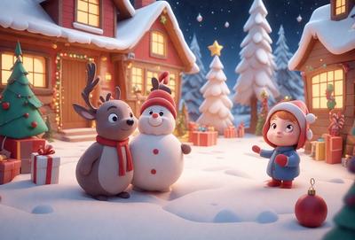 Primary subject: Snowman, reindeer, and a child.
Setting/background: A snowy village with a house and trees in the background.
Visual style: Digital art.
Colors and mood: The image is in black and white, giving it a classic and nostalgic feel.